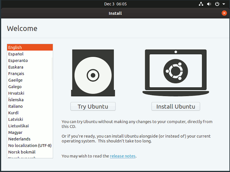 Ubuntu live desktop welcome screen