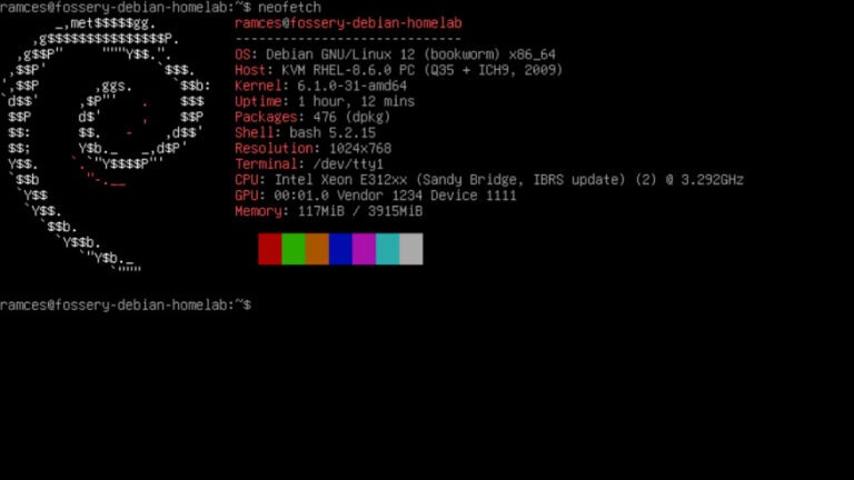 A terminal showing the system details of a machine running Debian.