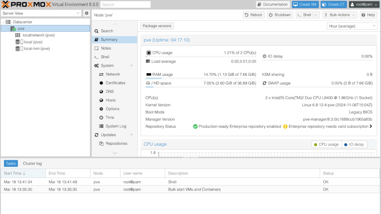 A screenshot of the Proxmox web console working properly.