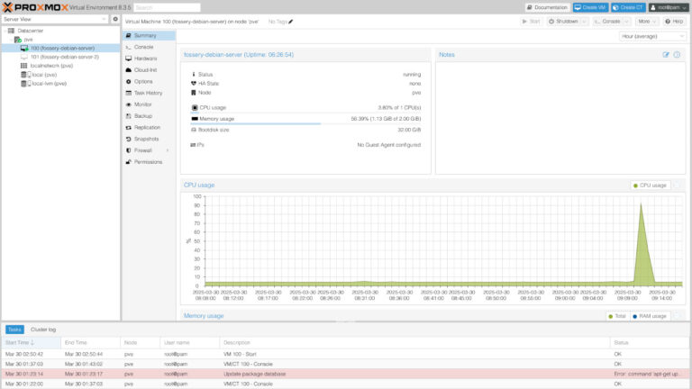 A screenshot showing the Proxmox dashboard running a VM.